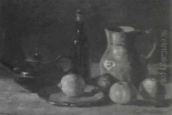 Fruchtestilleben Mit Weinflasche, Krug Und Teekanne Oil Painting by Klothilde Tschuppik