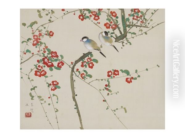 Japanese Quince And Birds Oil Painting by Bakusen Tsuchida