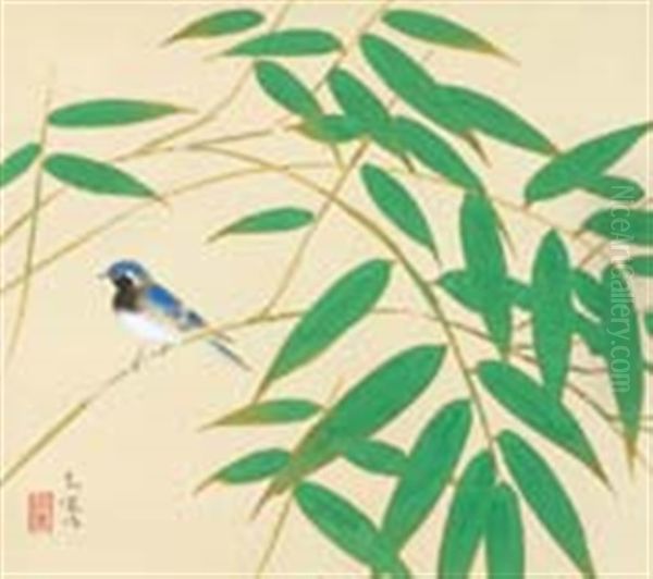 Little Bird By The Bamboo Leaves Oil Painting by Bakusen Tsuchida