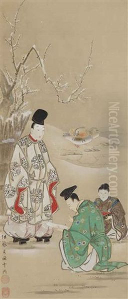 Nobleman Writing A Poem On A Winter Day Oil Painting by Settei Tsukioka