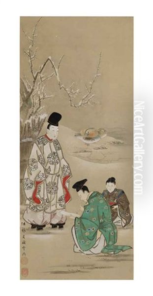 Nobleman Writing A Poem On A Winter Day Oil Painting by Settei Tsukioka