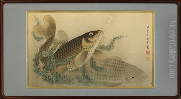 Carps Oil Painting by Settei Tsukioka