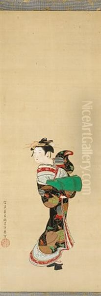 A Woman Of The Genroku Period Oil Painting by Settei Tsukioka