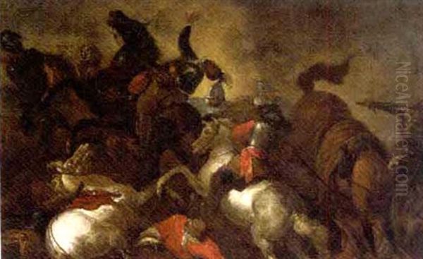 A Cavalry Skirmish (+ Cavalrymen After A Battle, Pair) Oil Painting by Giovanni Tuccari