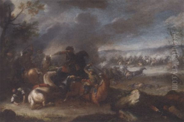 A Cavarly Skirmish With A Battle Beyond Oil Painting by Giovanni Tuccari