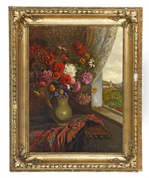 Bunter Blumenstraus Am Fenster Oil Painting by Karl Tucek