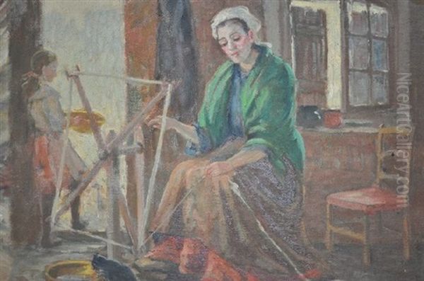 Woman Spinning Yarn - Interior View Oil Painting by Marie Tuck