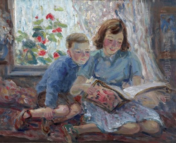 Children Reading Oil Painting by Marie Tuck