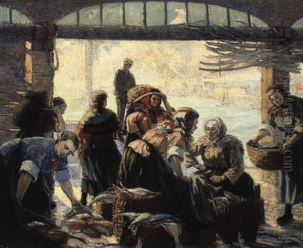 Fish Market Oil Painting by Marie Tuck