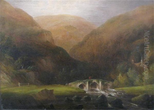 Fingle Bridge On The River Teign, Devon (+ View On The River Teign; Pair) Oil Painting by John Wallace Tucker