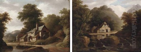 Figure By A Woodland Cottage (+ Figures By A Cottage Near A Stream; 2 Works) Oil Painting by John Wallace Tucker