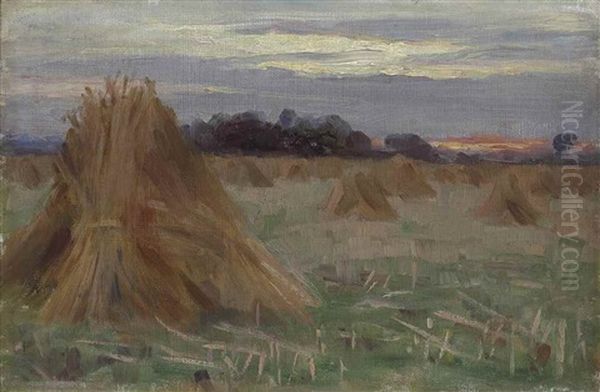 A Sussex Cornfield - Evening - Near Chichester Oil Painting by Tudor St. George Tucker