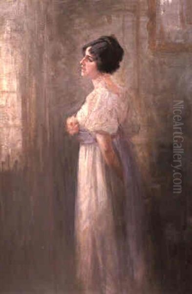 Girl In White Dress With Blue Sash & Wearing A Pink Flower Oil Painting by Tudor St. George Tucker