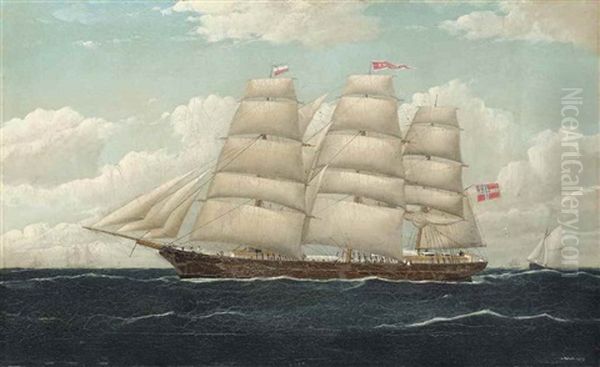 The Norwegian Three-masted Barque De Mezger In Coastal Waters Oil Painting by Frederick Tudgay