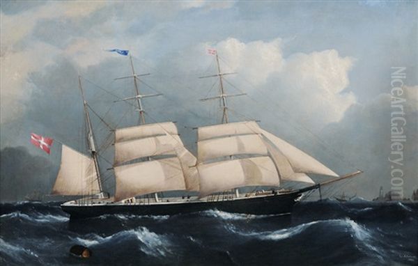 A Danish Barque Passing A Ligthhouse Oil Painting by Frederick Tudgay