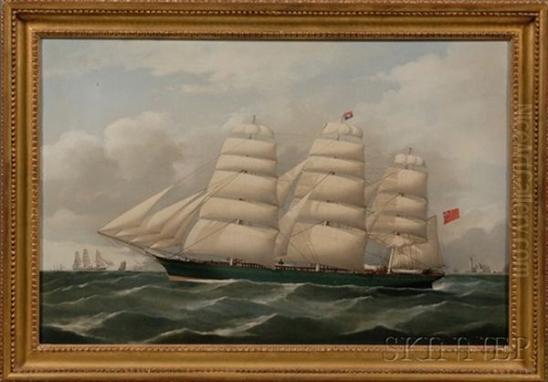 Portrait Of The British Clipper Ship Miltiades With Distant Lighthouse And Vessels Oil Painting by Frederick Tudgay