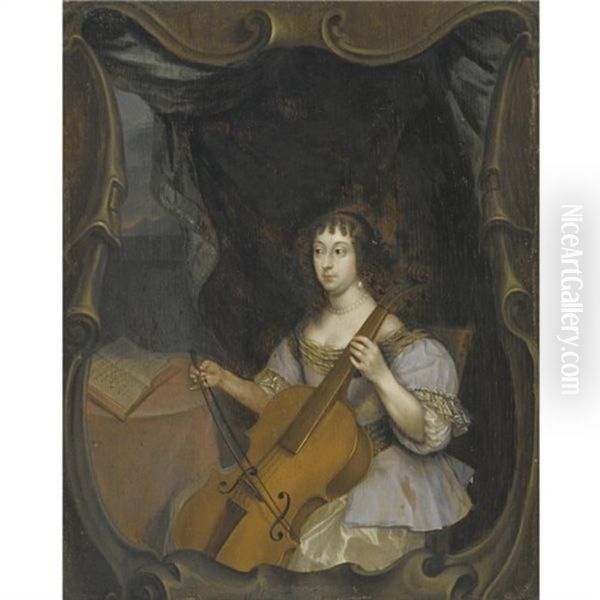 A Young Lady Wearing A White Satin Dress And Playing The Viol Da Gamba Oil Painting by Herbert Tuer