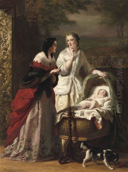 Admiring The Newborn Oil Painting by Louis Benoit Antoine Tuerlinckx