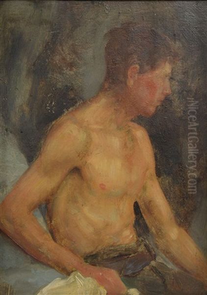 Study Of Young Man On The Beach (2 Works) Oil Painting by Henry Scott Tuke