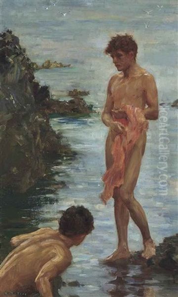 Variant On A Bathing Group Oil Painting by Henry Scott Tuke