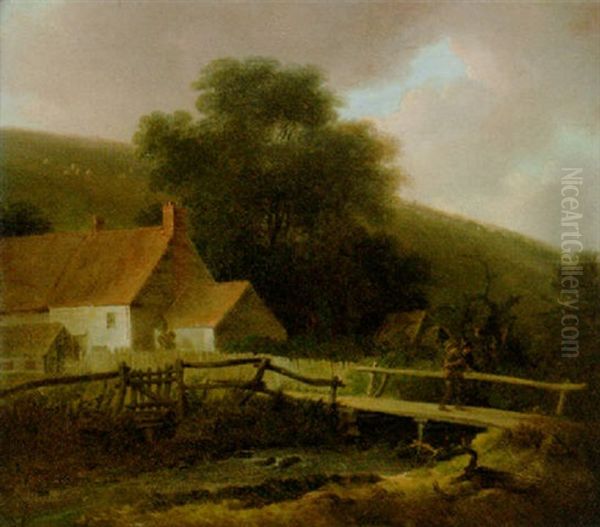 A Figure On A Bridge By A House Oil Painting by Nicholas Tull