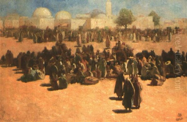 Place Animee Devant La Mosquee, Tunisie Oil Painting by Odoen Tull