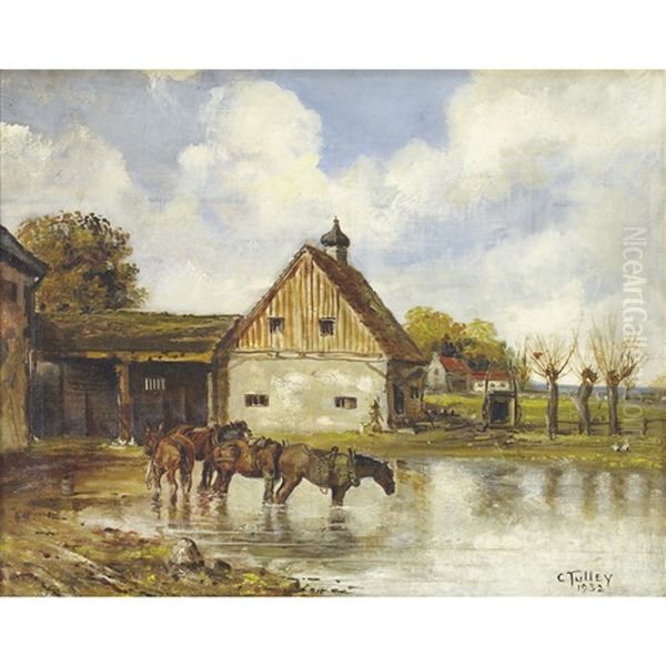 Houses And Barns With Horses Oil Painting by Charles Tulley