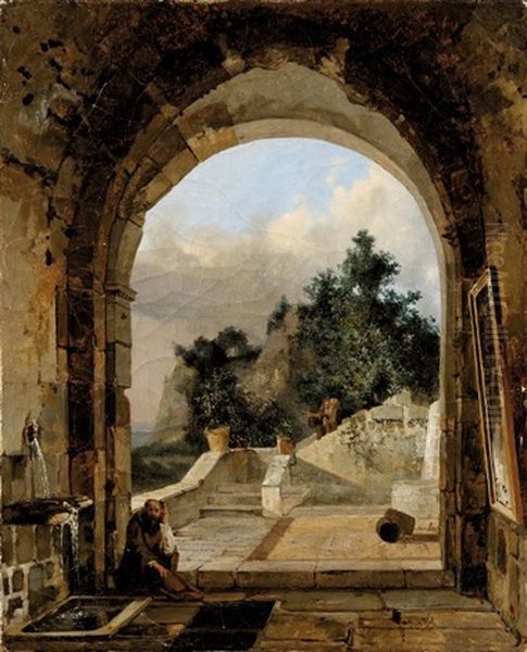 Moine En Meditation Sous Une Arcade Oil Painting by Lancelot Theodore Turpin De Crisse