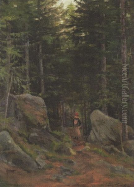 Waldlandschaft Mit Einer Frau Auf Felsigem Pfad Oil Painting by Charles Emile Turretini