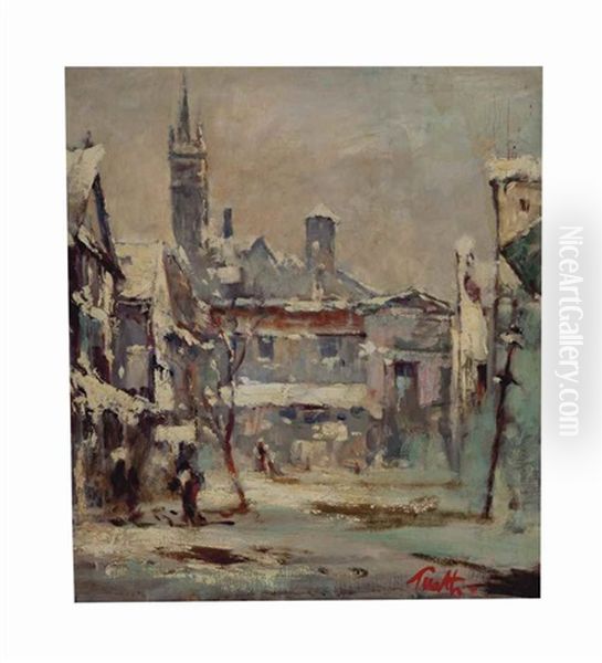 By The Chez Paree, Winter Oil Painting by Arnold E. Turtle