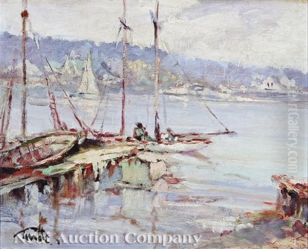 Boats At Shore Oil Painting by Arnold E. Turtle