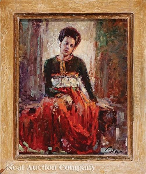 Woman In Red Oil Painting by Arnold E. Turtle