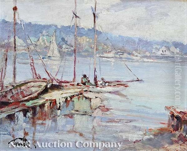 Boats At Shore Oil Painting by Arnold E. Turtle