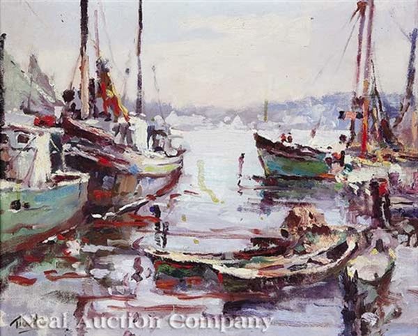 Boats In The Harbor Oil Painting by Arnold E. Turtle