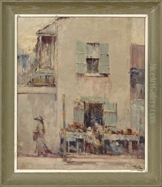 French Quarter Street Scene With Figures Oil Painting by Arnold E. Turtle