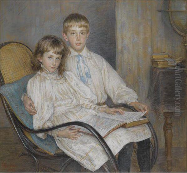 Enfants Assis Oil Painting by Marie Louise Catherine Breslau