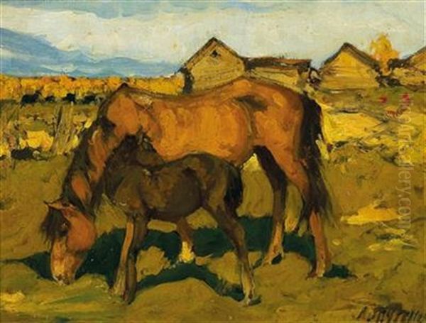 A Mare And Her Foal Oil Painting by Leonard (Leonid) Viktorovich Turzhansky