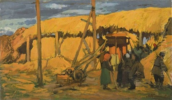 Threshing Oil Painting by Leonard (Leonid) Viktorovich Turzhansky