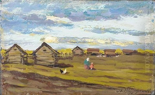 Family Scene Before The Huts by Leonard (Leonid) Viktorovich Turzhansky