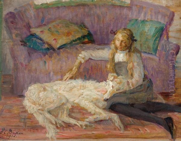 Jeune Fille Avec Un Borzoi Oil Painting by Marie Louise Catherine Breslau