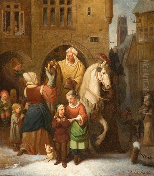 Der Heilige Nikolaus Verteilt Seine Gaben Oil Painting by Friedrich (Fritz) Tueshaus