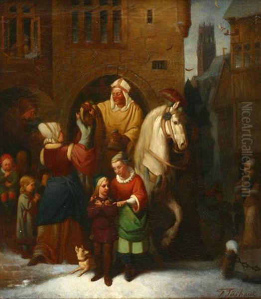 Der Heilige Nikolaus Zu Pferd Verteilt Seine Gaben In Einer Stadt (munster?) Oil Painting by Friedrich (Fritz) Tueshaus