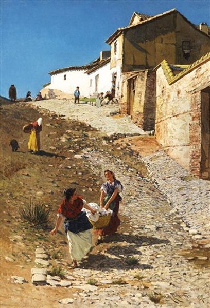 Sudlandische Strassenszene Mit Wascherinnen Oil Painting by Ramon Tusquets Maignon