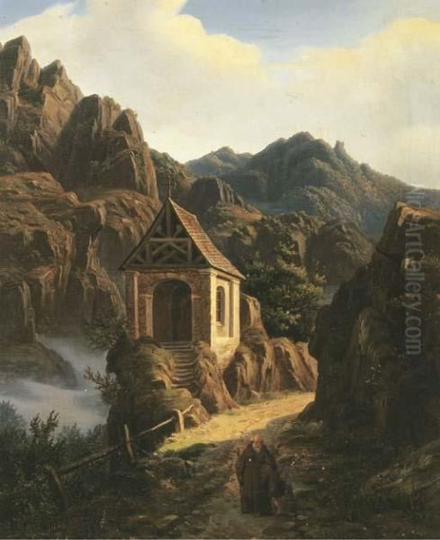 A Monk With A Child On A Mountainpass With A Chapel Beyond Oil Painting by Christian Breslauer