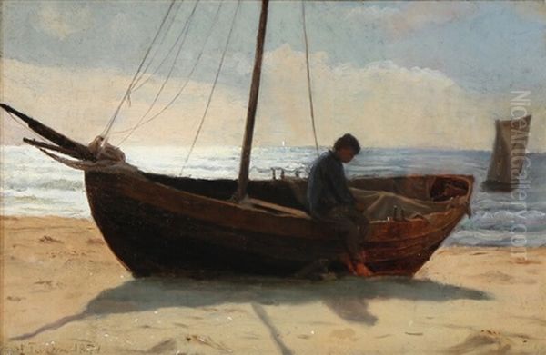 Fisher Boy In A Boat On The Beach Oil Painting by Laurits Regner Tuxen