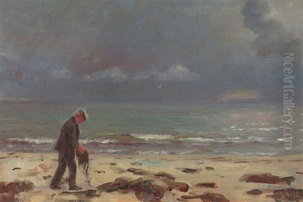 A Beach Scenery With A Man In Search Of Amber Oil Painting by Laurits Regner Tuxen