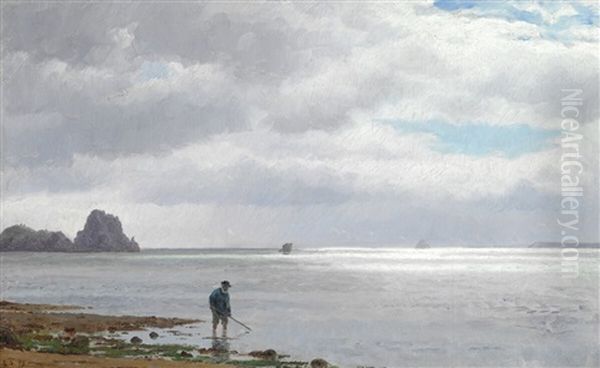 Man Collecting Mussels On A Beach In Brittany Oil Painting by Laurits Regner Tuxen