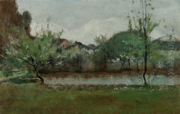 Landscape With Cottages Oil Painting by John Henry Twachtman