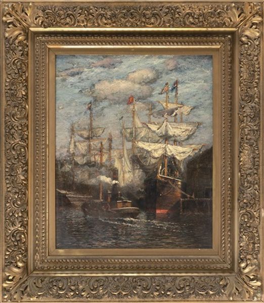 A Tug Passing Ships At Dock Oil Painting by James Gale Tyler