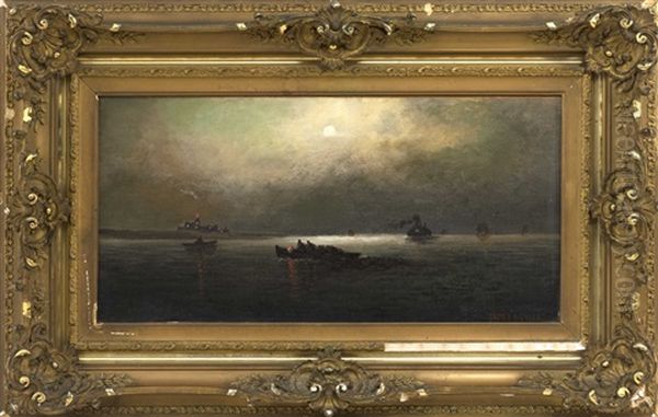 A Shipping Channel Under Moonlight Oil Painting by James Gale Tyler